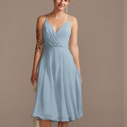 NWT David's Bridal Chiffon Tea Length Dress Dusty Blue Size 6