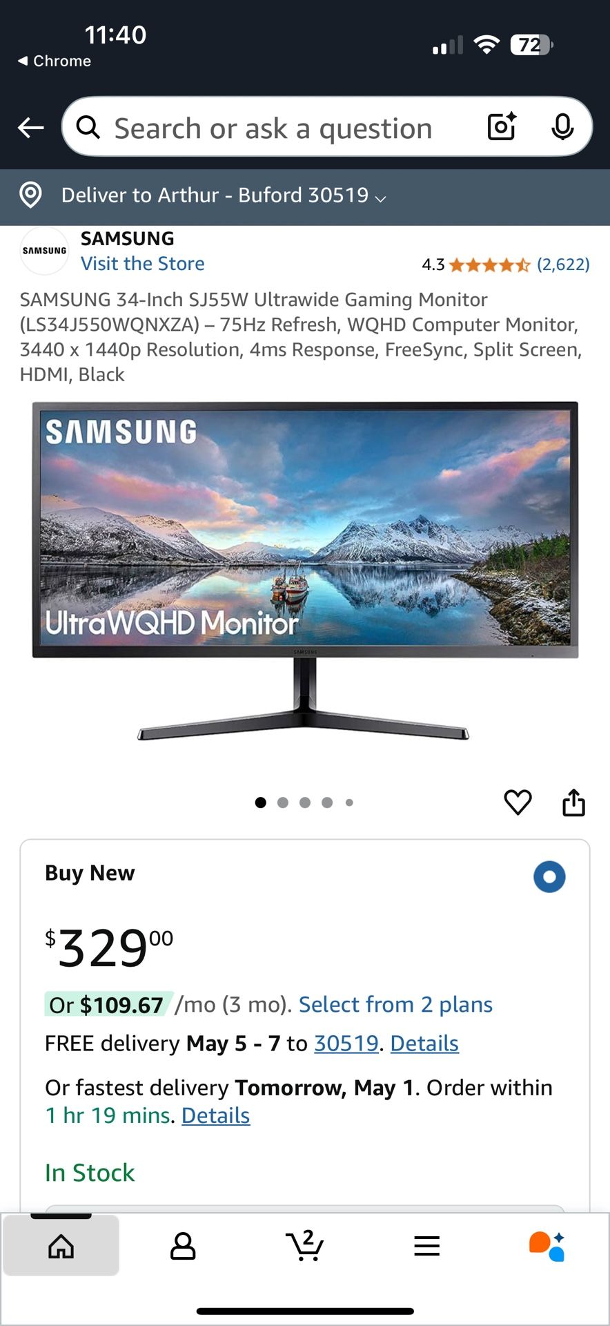 (2) Samsung SJ55W 34in Ultra Wide Monitors