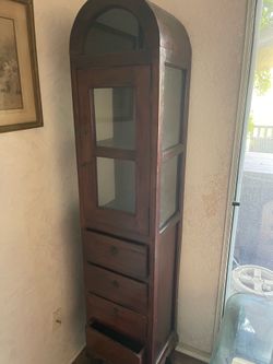 Vintage Solid Wood Curio Display Cabinet with Glass Doors & Drawers