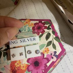 Real Silver Zircon Diamond Small Stud Earrings 