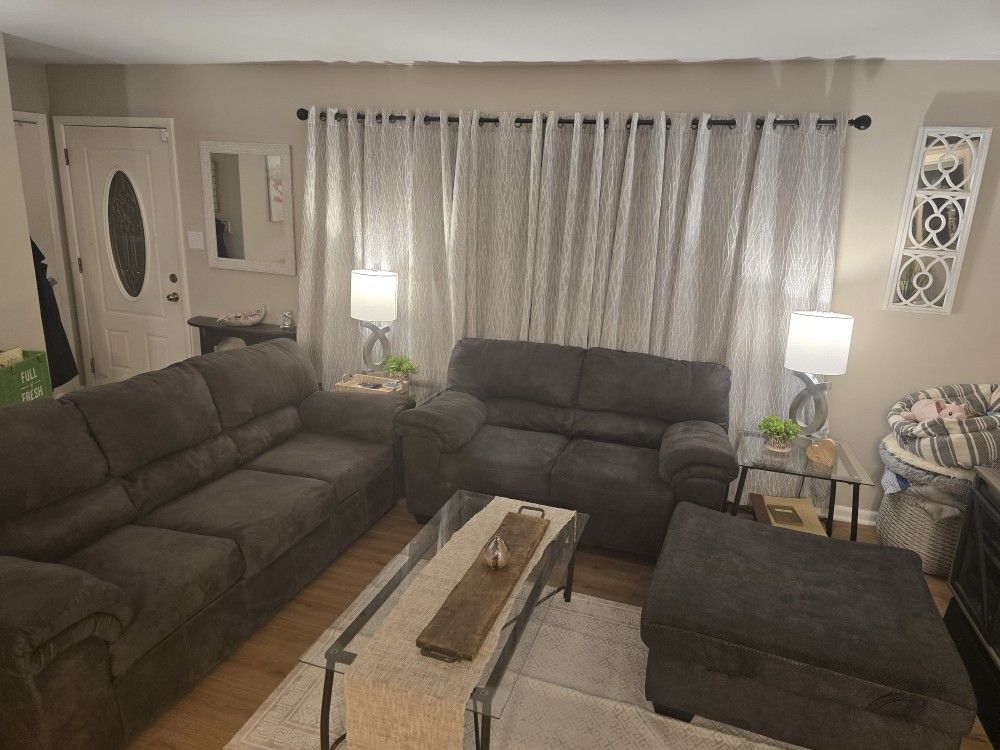 Couch, Love Seat, Two End Tables, Ottoman, and Lamps For Sale