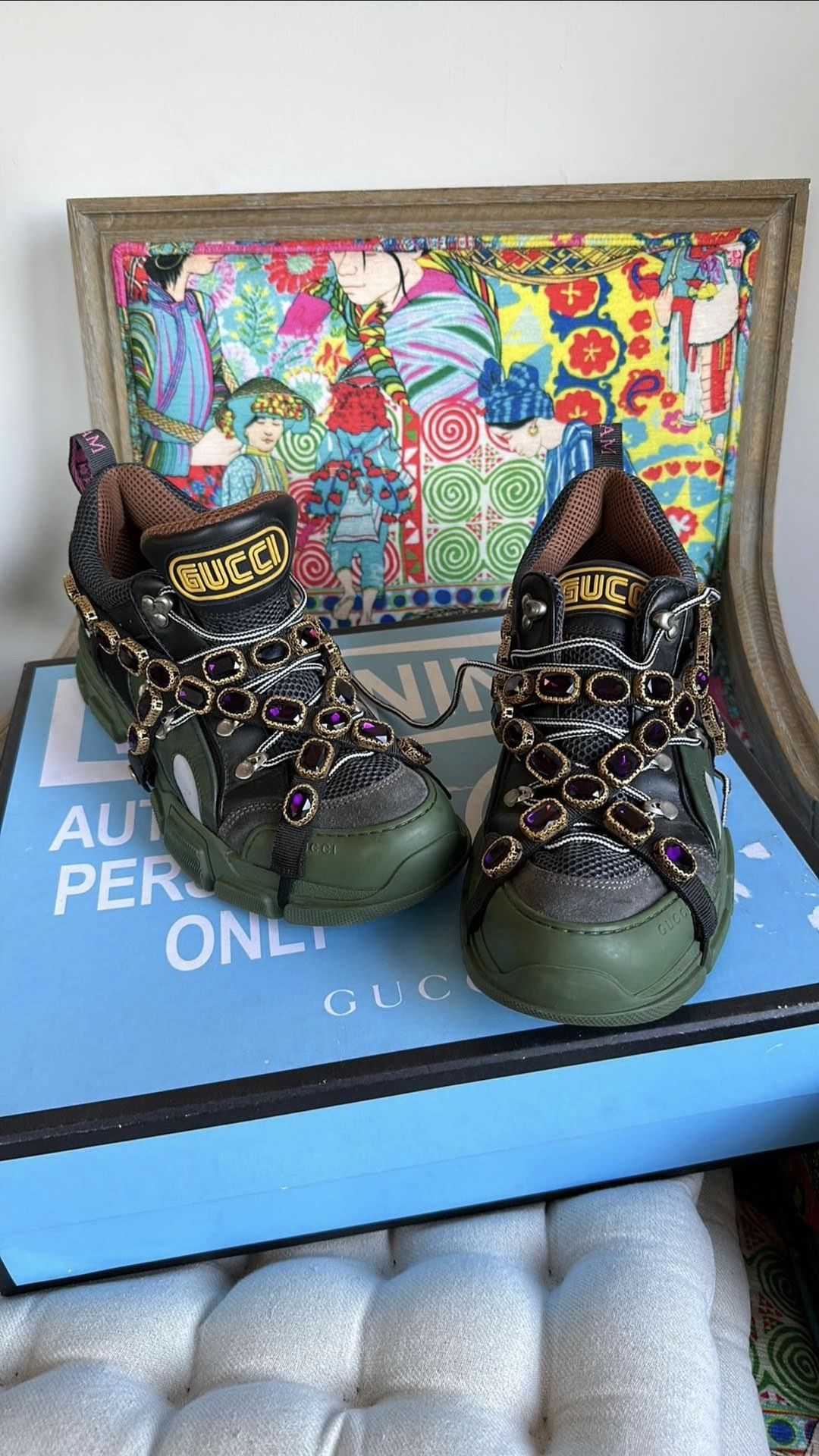 gucci flashtrek green with purple crystal embelishments