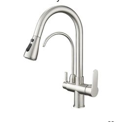 6526: New Kitchen Sink Faucet with Pull Down Sprayer 2 Handle 3 in 1 Water Filter Purifier Faucets Brushed Nickel
