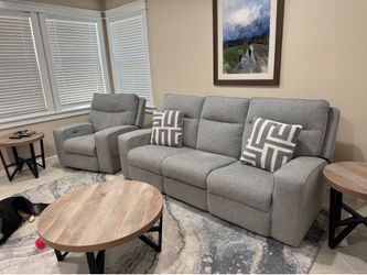 Grey fabric power reclining sofa and recliner