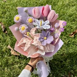 Crochet pink lily and purple cosmos bouquet