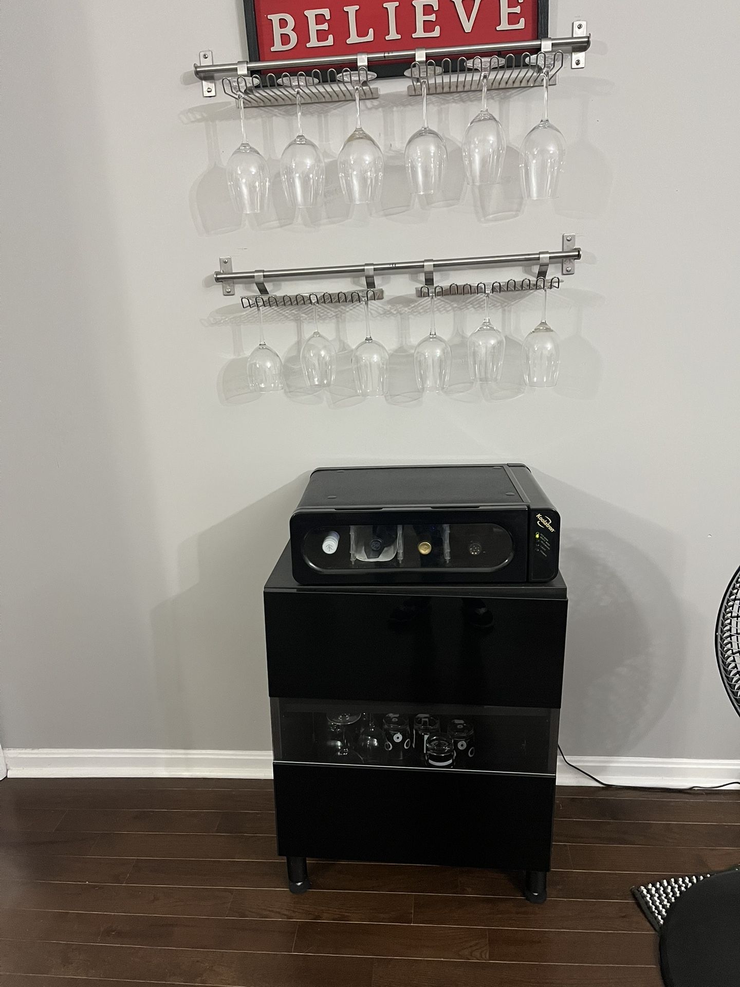 4 Bottle Wine Cooler/Liquor Cabinet/approx 18 Wine Glasses Along With 3 Wine Glass Racks