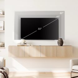 WAMPAT Floating TV Shelf Wood Media Entertainment Center,Wall Mounted Shelf with 3 Fluted Doors for TVs up to 80" for Living Room, Bedroom, Light Oak 