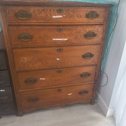 Antique Oak Tall Dresser with Brass Hardware