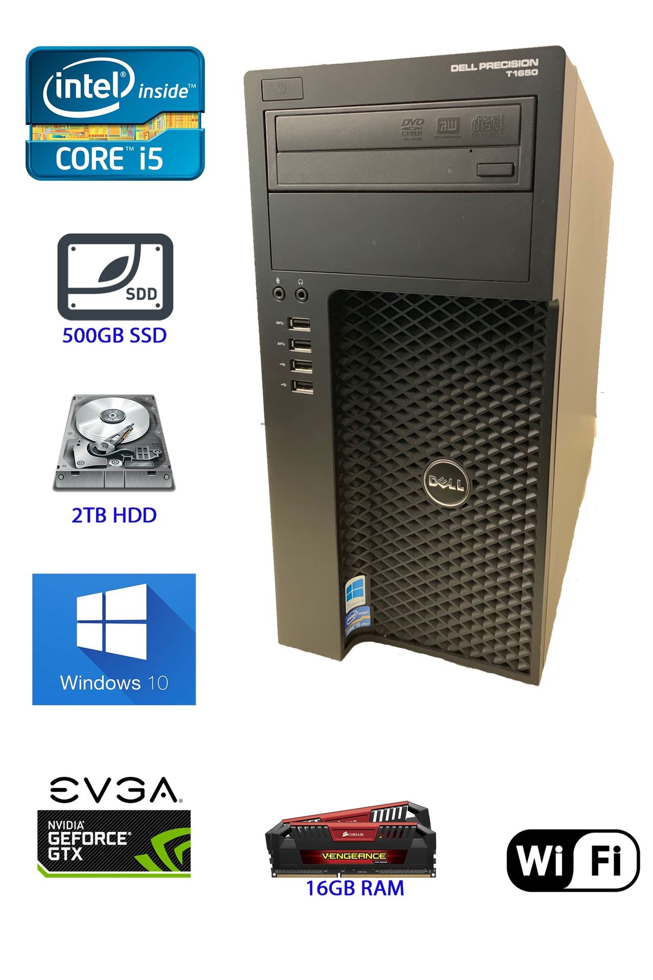 Entry Level Gaming Dell Precision T1650 i5-3550 3.30GHz / 16GB RAM / 500GB SSD / 2TB HDD