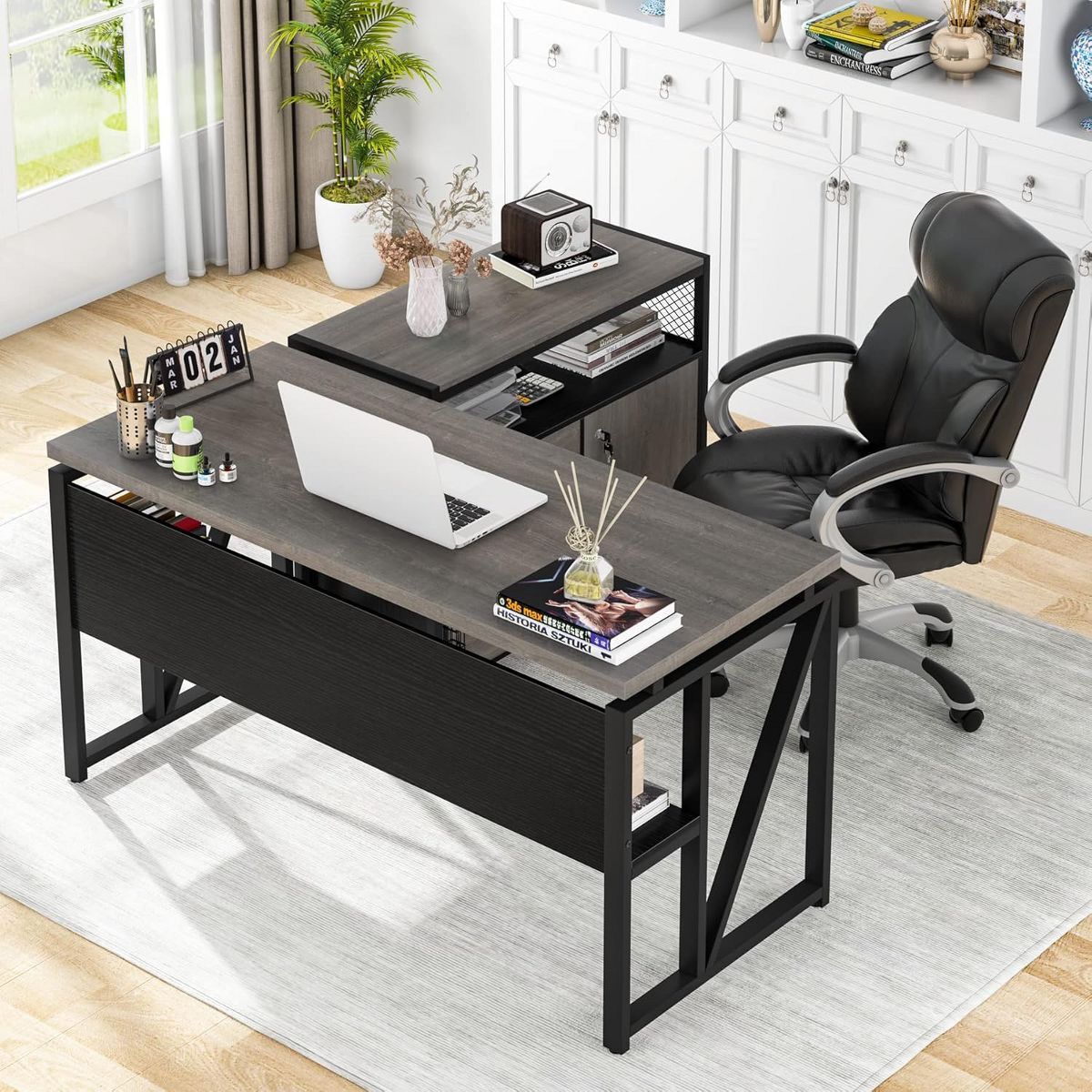 55" Computer Office Desk with 2-drawer Mobile File Cabinet, Modern L-shaped Executive Desk with Storage Shelves for Home Office