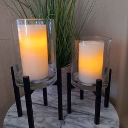 $14 Metal Stand Glass Cylinder Candle Holder/Planter. Contemporary Minimalist Heavy Home Decor