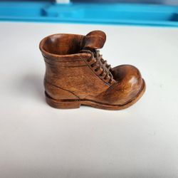 Hand Carved Wooden Boot Statue Figurine Signed   3.5" Long 2 "Tall
