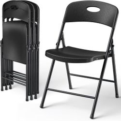 Folding Chairs 4 Pack, Outdoor Portable Foldable Chair with Steel Frame, 300lbs Capacity Heavy Duty Metal Black Plastic Folding Chairs for Patio, Picn