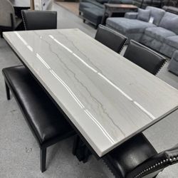 6PC Real Marble top Dining table set with Leather chairs