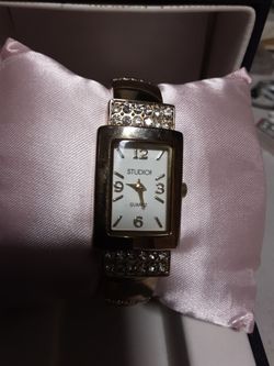 Studio gold tine Quartz cuff watch crystal adorned,