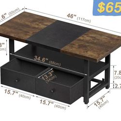 😀 FABATO Coffee Table, 46'' Rectangular Center Table with Wood Top Metal Frame, Rustic Brown 2-Tier with Storage Shelf 2 Drawers Living Room