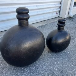 Two Vintage Dovetailed Metal Water Jug Vessel Bottles Decor 26” And 20”