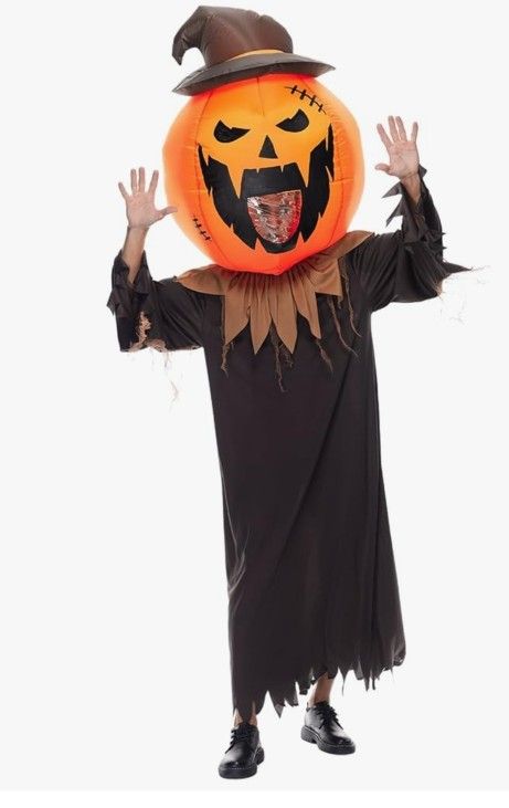 EraSpooky Adult Inflatable Pumpkin Costume Blow Up Halloween Scary Evil Pumpkin Head Wizard Suit Robe Set