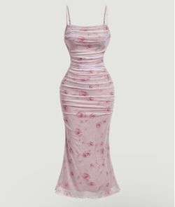 Pink Floral Ruched Mesh Maxi Dress
