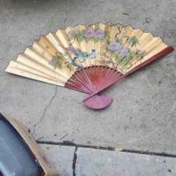 Vintage Large Asian Japanese Wall Art Fan Birds Floral Hand Painted 52" x 30
