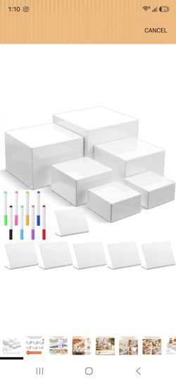 6 PCS White Acrylic Buffet Risers with 6 Signs and 8 Markers, Buffet Risers and Stands Nesting Cube Boxes with Hollow Bottoms, Food Display Stands for