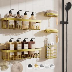 Veken Adhesive Shower Caddy 5-Pack,Heavy Weight Bearing,Large Wall Mounted Shower Shelves Rack,Organizer Storage Accessories with Soap Dish&Toothbrush