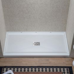SJK-6032-C WOODBRIDGE 60"×32"x3.6" Solid Surface Shower Pan Base in White, Alcove Installation with Center Drain, Slip-Resistant