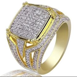 Exquisite Paved 18K Gold Plated Cubic Zirconia Men Ring (Size 10)