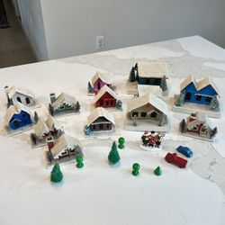 Vintage Putz Japan Christmas Houses 13 Pc Lot + Bottle Brush & Wood Trees