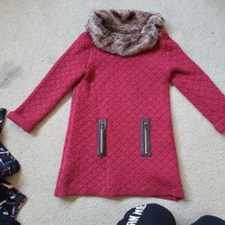 DARK Red Kids Sweater Dress W/fur Collar