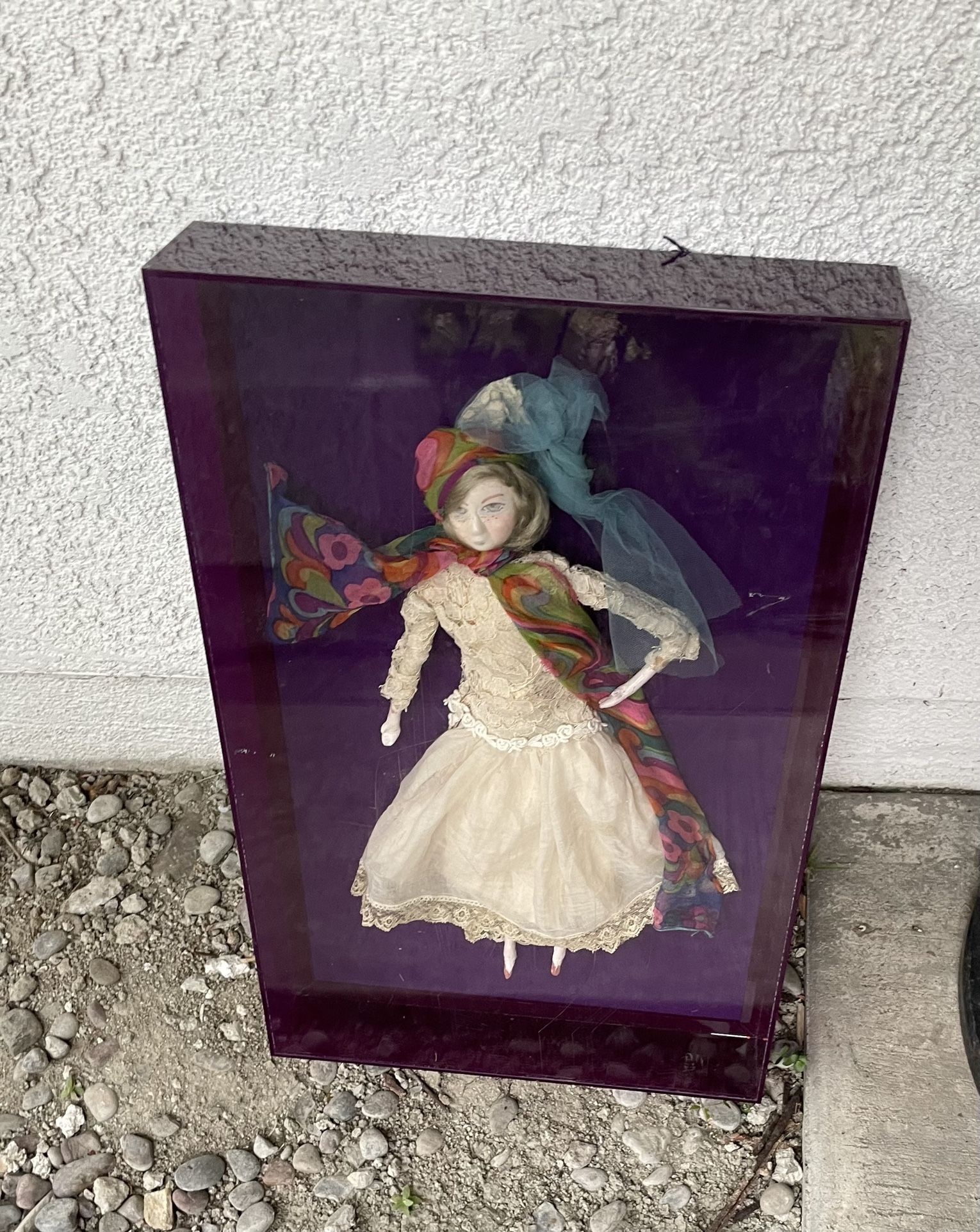 Vtg Mid-Century California Art Doll 14” Folk Sculpture Purple Acrylic Case 1960s