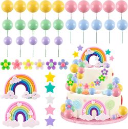 Morofme 38pcs Rainbow Cake Topper Rainbow Themed Cake Decorations Colorful Cakes Decoration Pastel Daisy Flower Balls Cupcake Topper for Baby Shower G