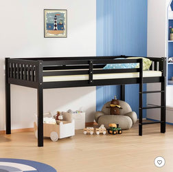 JOYMOR Twin Loft Bed Low Loft Bed Frame for Little Kids Small Room/Low Ceiling Bedrrom with Guardrail and Ladder, Black