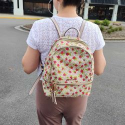 Michael Kors Medium Backpack Beige, Red And Green Floral Pattern 