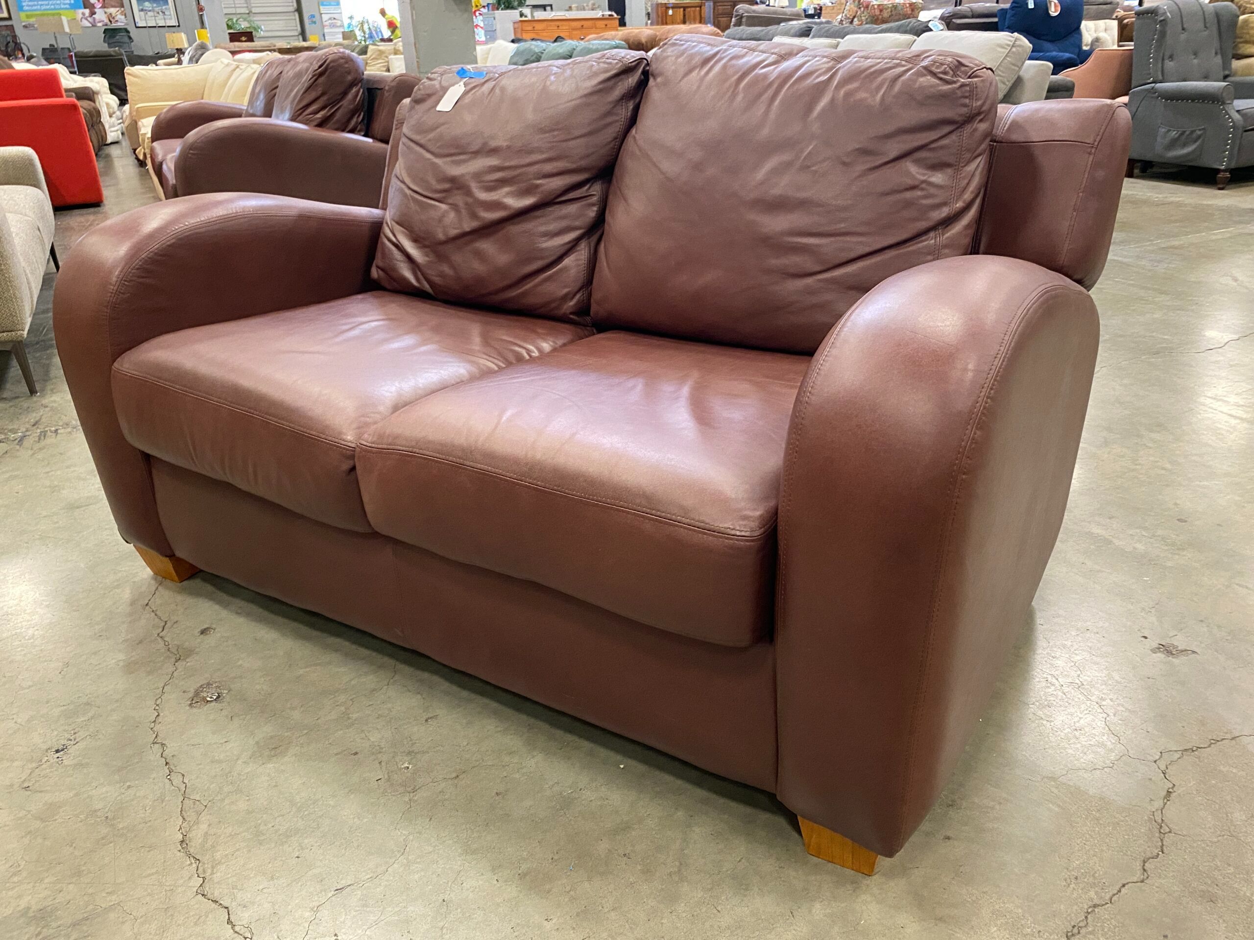 Chocolate Brown Leather Loveseat with Large Sloped Arms