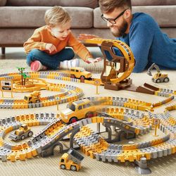 iHaHa 299 PCS Construction Race Tracks Boys Toys, 6 PCS Engineering Cars and Flexible Race Track Playset Create A Engineering Road Gifts Toys