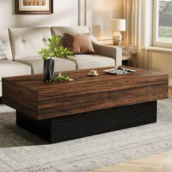 55.1-Inch Large Farmhouse Wooden Rectangle Coffee Table with Shelf - Light Brown