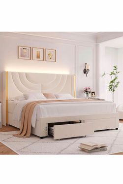 HITHOS Queen Upholstered LED Bed Frame with 2 Storage Drawers, Velvet Platform Bed with Wingback Headboard, Solid Wooden Slats Support, No Box Spring 