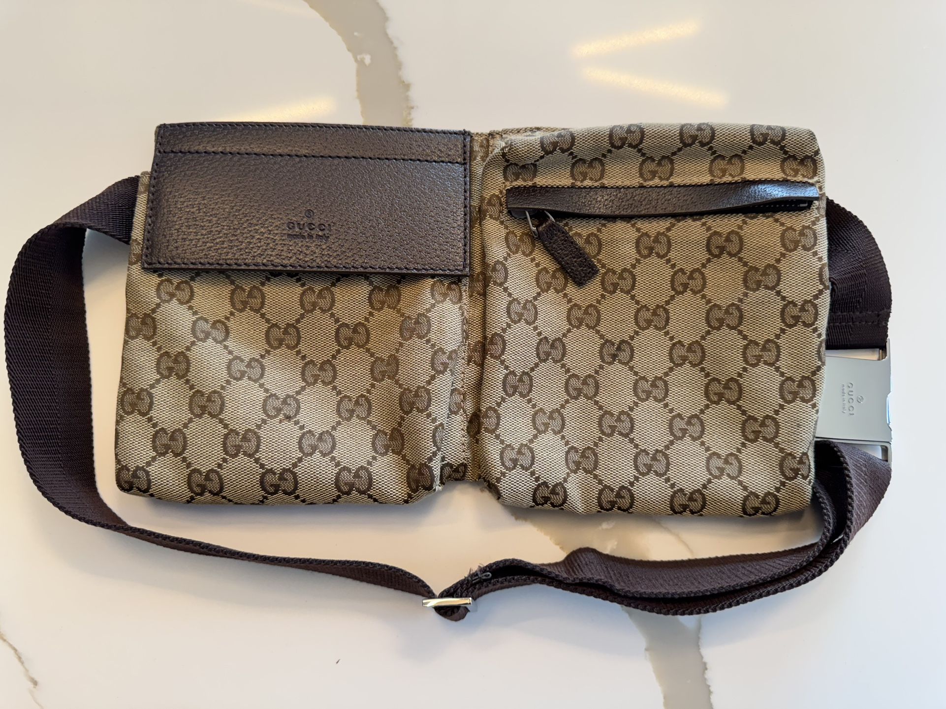 GUCCI GG Canvas Bum Double Pocket Shoulder Bag Brown + Dark Brown