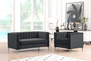 Modern Channel Tufted Velvet Chair and Loveseat, apartment living room couch , waiting room sofa set
