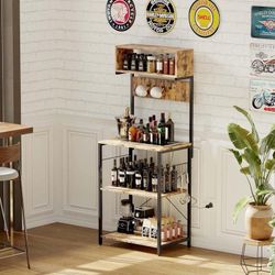 Bakers Rack with Power Outlet, 4-Tier Kitchen Storage Cart, Microwave Stand with 10 Hooks & Adjustable Shelves, Coffee Bar Station (Industrial Rustic)