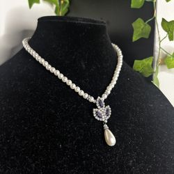 ✨Vintage Inspired Pearl Necklace w/ Rhinestone & Teardrop Pearl Drop✨