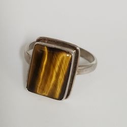 Handcrafted Sterling Silver Ring With Rectangular Tiger's Eye Cabochon