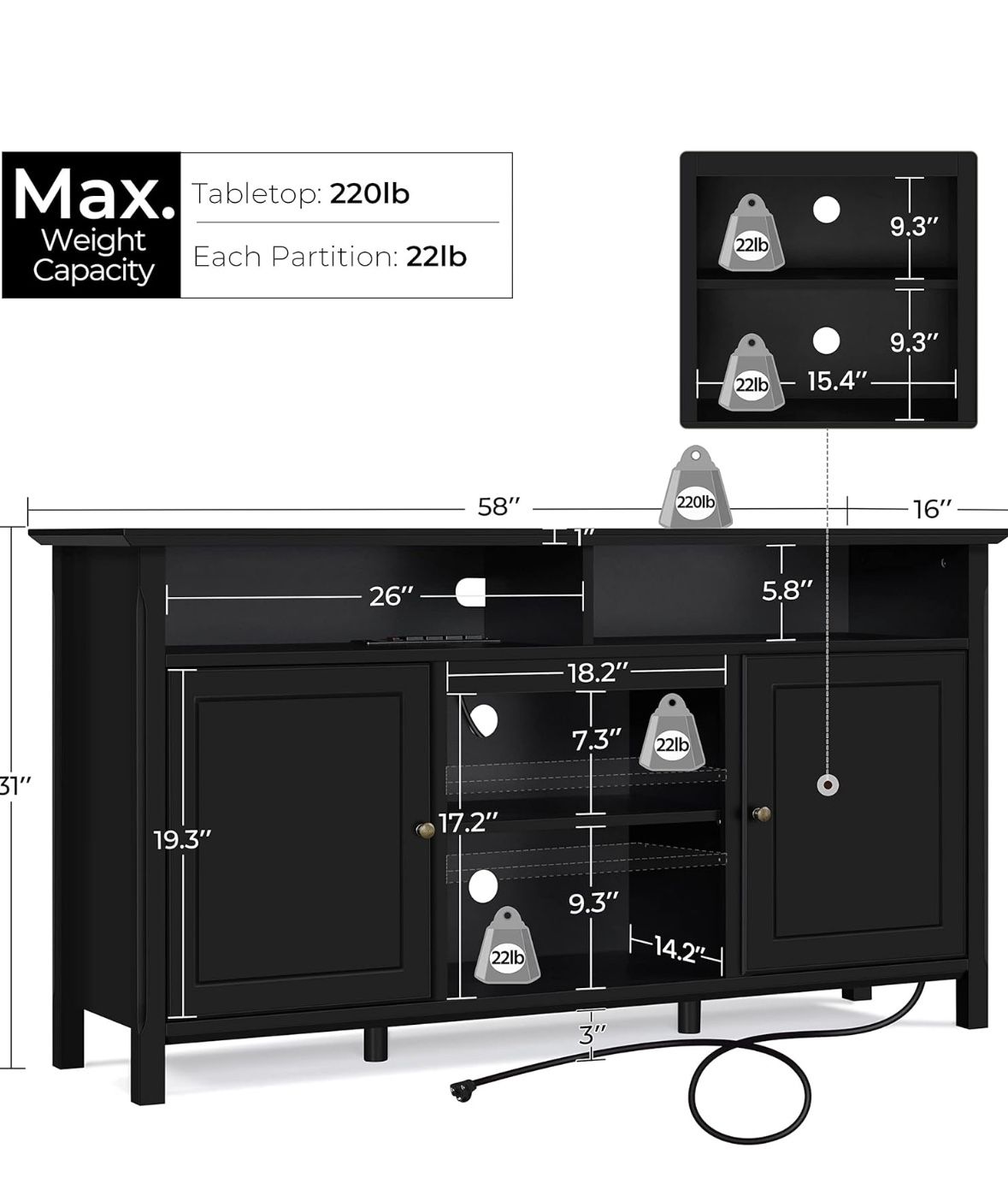 TV Stand with Doors upto 65”, Storage Shelves and Power Outlet