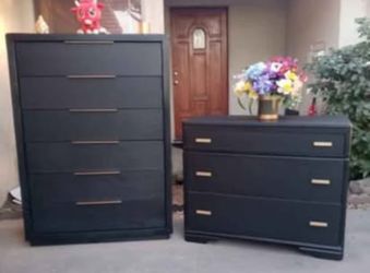6 Drawer Upright Dresser With 3 Drawer Dresser - All Solid Wood - Black With Gold 