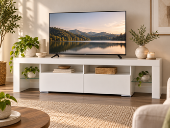 Modern White TV Stand / Entertainment Center – 63" with Drawers & Glass Shelves