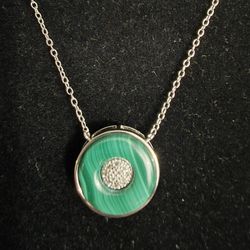 African Malachite, White Zircon Orbit Necklace, 18"