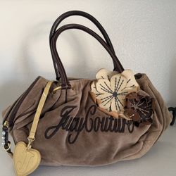 Vintage Juicy Couture Daydreamer Velour Brown Flower Appliqué Tote Bag Purse Y2K
