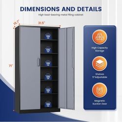 🥨Metal Garage Storage Cabinet with 2 Doors and 5 Adjustable Shelves - 71" Steel Lockable File Cabinet,Locking Tool Cabinets for Office,Home,Garage