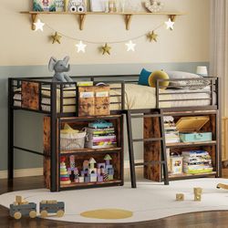 Low Loft Bed Twin Size, Metal Loft Bed with 2 Storage Cabinets, 25 Heavy Duty Steels Support Slats, Twin